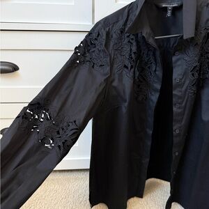 White House Black Market Black Floral Cutout Embroidered Shirt Jacket